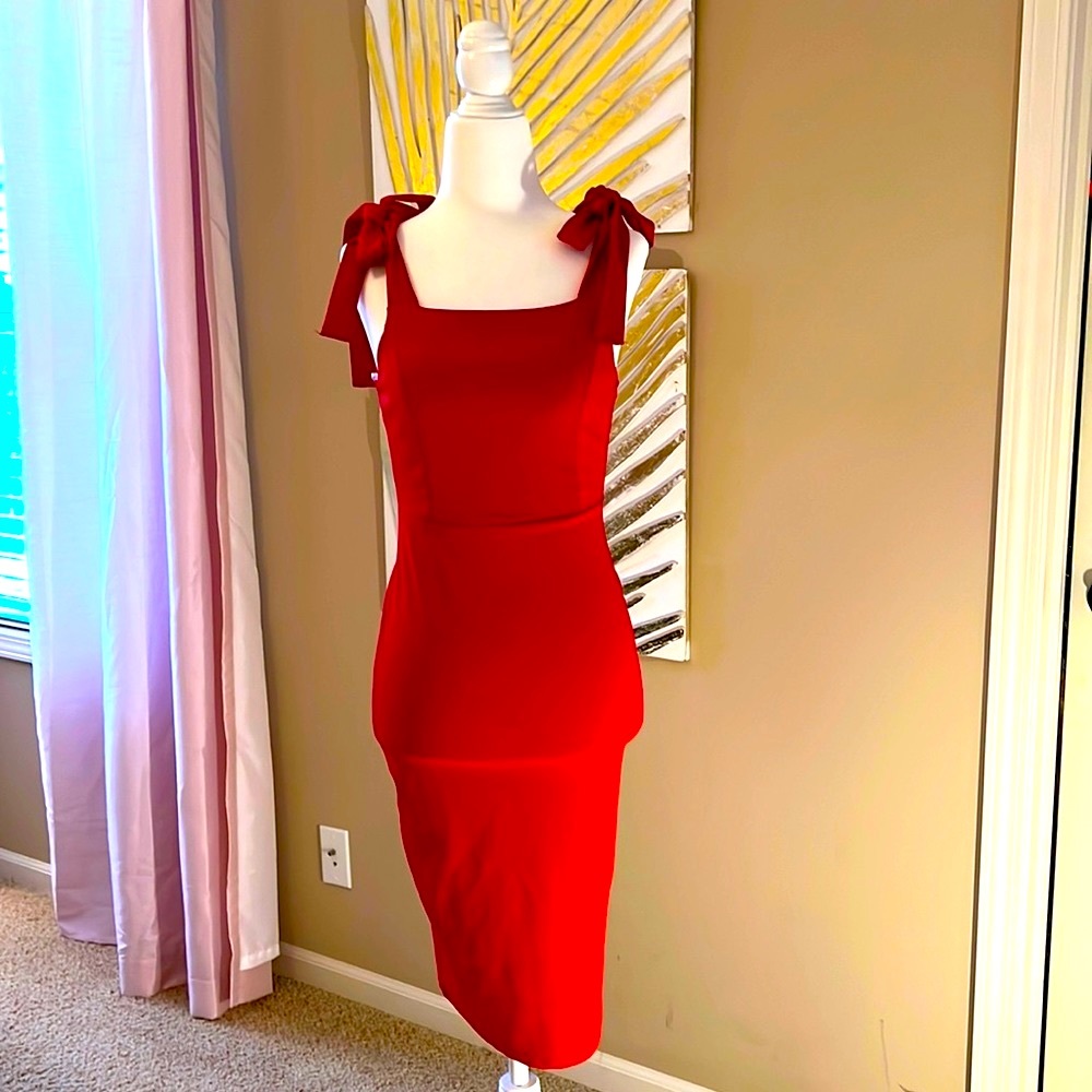 Blue Blush Red MIDI Dress with tie shoulder straps, XS